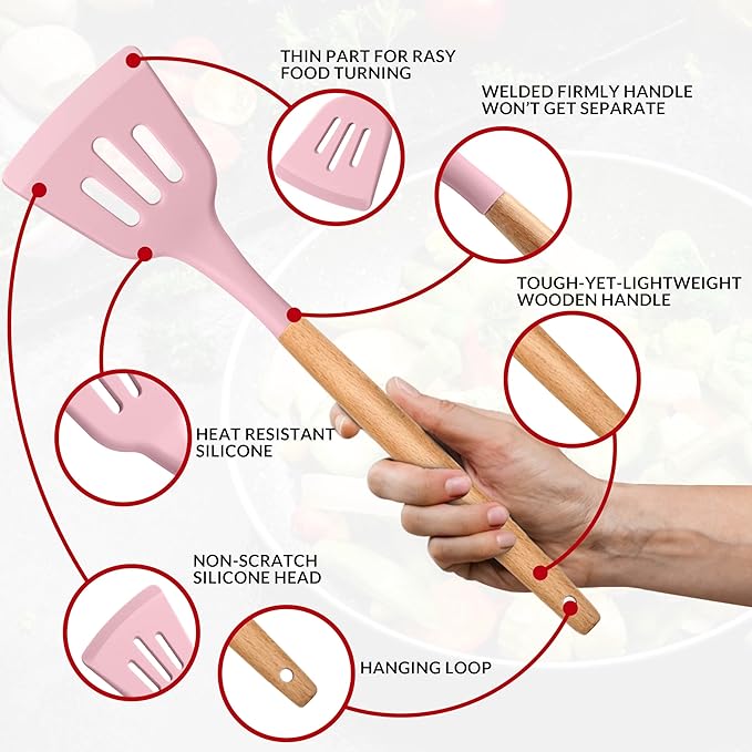 E-far Kitchen Utensils Set of 12, Silicone Cooking Utensils with Holder, Non-stick Cookware Friendly & Heat Resistant, Includes Spatula Tong Whisk Ladle Brush Slotted Turner Spoon(Pink)