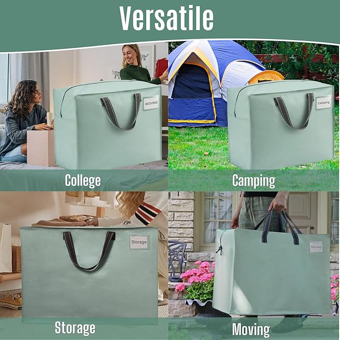 VENO 4 Pack Heavy Duty Moving Bags, Storage Bags, Packing Supplies, Top Zipper, Storage Totes for Camping, Clothes, Bedding, Comforters, Pillows (27 Gallon Light Green, 4 Pack)