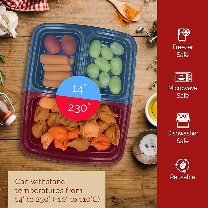 Reli. Meal Prep Containers 32 oz (20 Pack) 3 Compartment Meal Prep Containers Reusable, Microwave Safe | Plastic Togo Box for Food