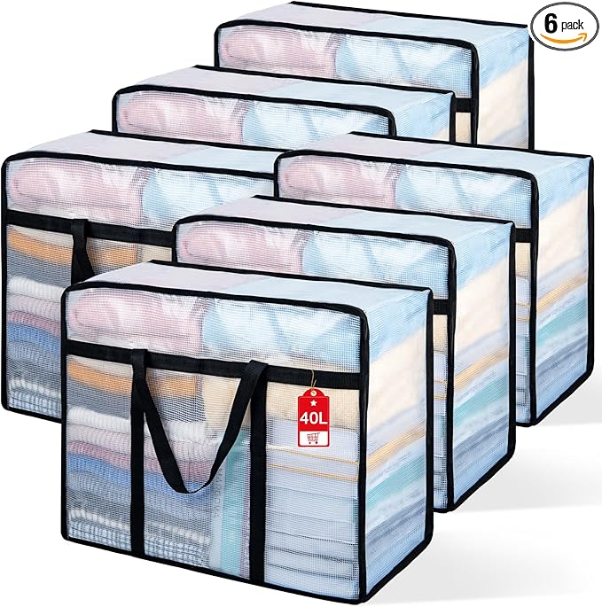 6 Pack Clear Blanket Storage Bags, Plastic Comforter Clothes Storage Bags Underded Moving Bags Closet Organizers and Storage Zippered Sturdy Handle for Bedding, Clothes, Linen, Toys, Quilt, Duvet 40L