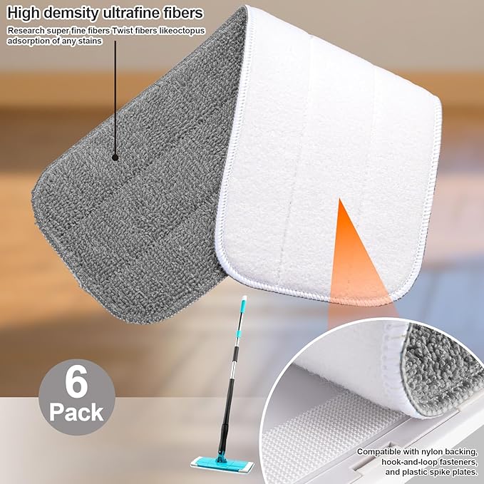 HOMEE Reusable Microfiber Mop Pads, 6 Pack 18"x 6" Mop Head Replacement, Wet/Dry Home & Commercial Cleaning Scrubbing Floor Pad - Grey