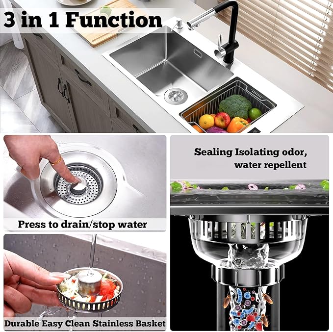 Brushed Stainless Steel Sink Strainer - 3-1/2" Drain Stopper
