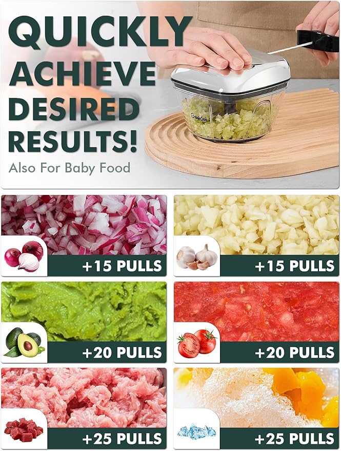 Manual Food Processor Vegetable Cutter, Geedel Pull Chopper with String, Food Chopper Vegetable Cutter for Veggies, Fruits, Salad, Onion, Ginger, Nuts.