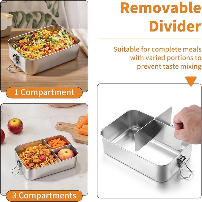 TeamFar 2 Pack Stainless Steel Bento Box, 81oz Metal Lunch Box with 3 Compartments for Adults/Kids, Lunch Food Containers for School/Work/Meal Prep, Leak-Proof & Dishwasher Safe, 2400ML