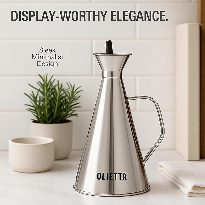 Olietta Olive Oil Dispenser Bottle Stainless Steel Non Drip Leak Proof No Mess Vinegar Pourer & Kitchen Drizzler 8.5 oz 250ML 0.25 Litre Great for Pouring & Drizzling Easy to Clean & Leakproof