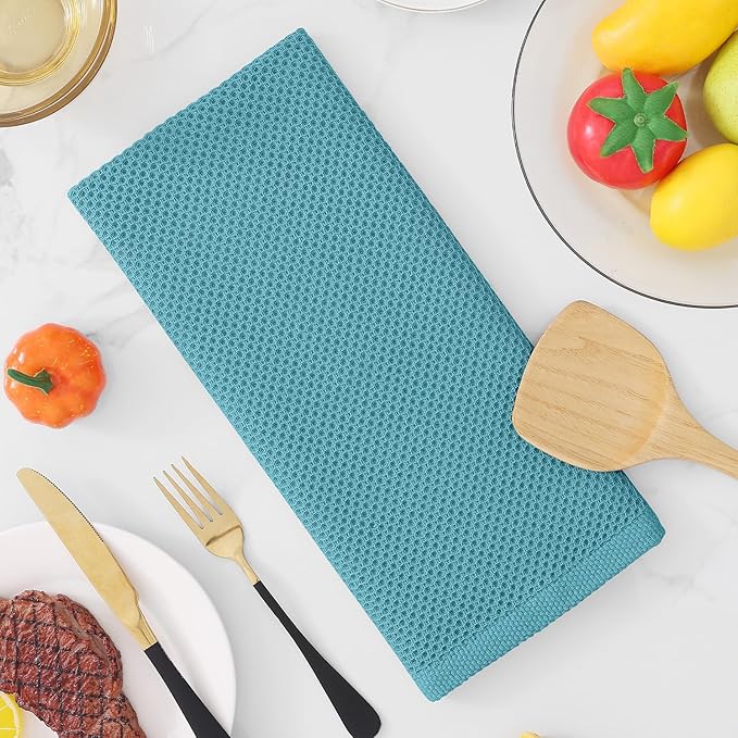 Homaxy 100% Cotton Waffle Weave Kitchen Dish Towels, Ultra Soft Absorbent Quick Drying Cleaning Towel, 13 x 28 Inches, 4-Pack, Lake Blue
