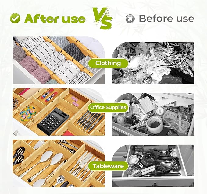 Bamboo Drawer Dividers 4PCS with Inserts, Expandable Kitchen Utensil Drawer Organizers,Adjustable drawer organizer for deep drawers Dresser Closet Underwear Storage Bedroom Bathroom Drawers(16.6"-22")