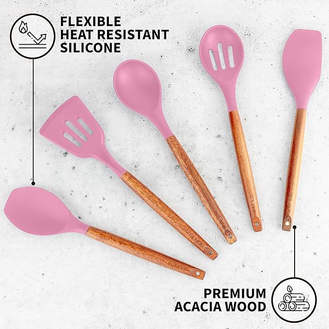 Zulay Kitchen Non-Stick Cooking Utensils Set with Authentic Acacia Wood Handles – 5-Piece Durable & Stylish Silicone Kitchen Utensils Set – Heat Resistant to 464°F – Pink