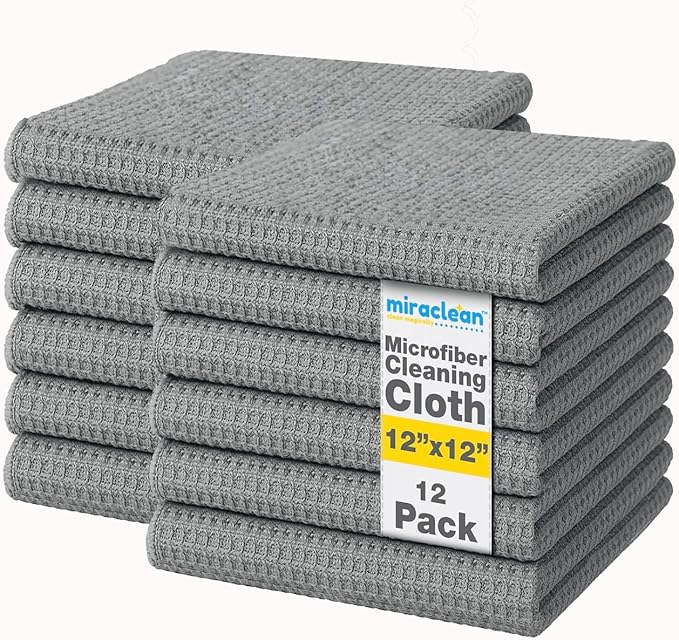 MIRACLEAN Waffle Weave Microfiber Cloths - 12 x 12 inches - Lint Free Cloth, Streak-Free Absorbent Microfiber Glasses Cleaning Cloth, Screens, Dusting & Appliances - 12 Pack Premium Cloth Wipes