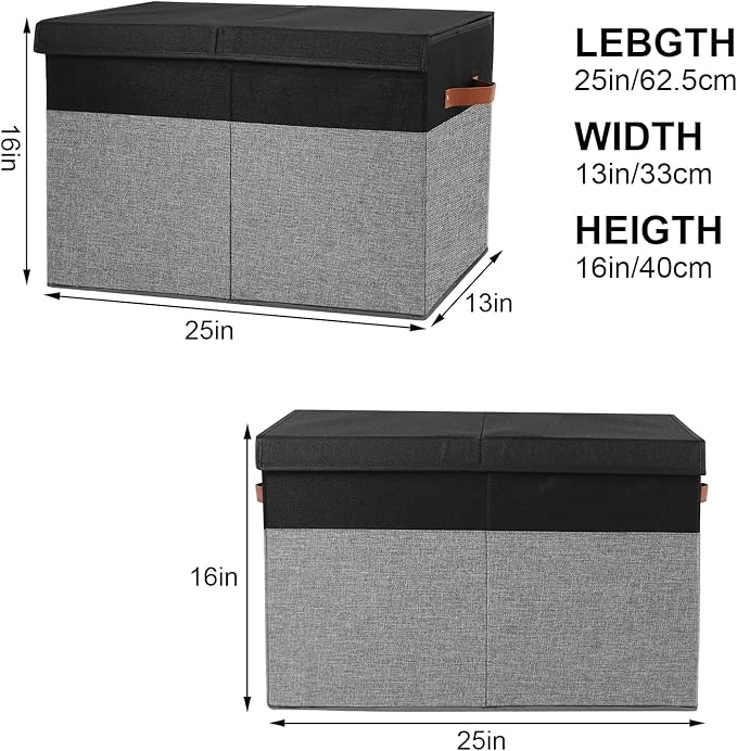 Gowee Large Toy Storage Box with Lid, Sturdy Toys Storage Chest Bin Organizer Basket with Dividers for Kids, Boys, Girls, Nursery, Closet, Bedroom, Playroom 25"x13" x16" (Black and Grey)