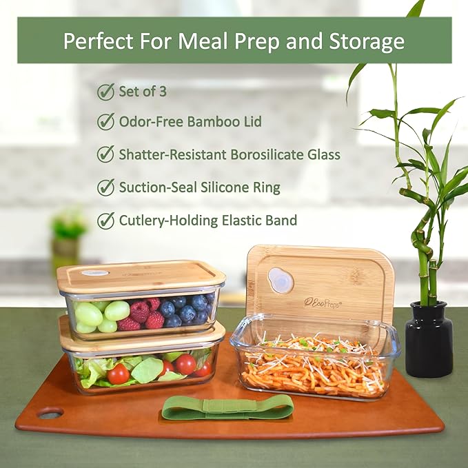EcoPreps Glass Meal Prep Containers with Bamboo Lids (3 Pack) - 100% Plastic Free, Eco-Friendly Lunch Containers, Bamboo Lid Storage Container Set