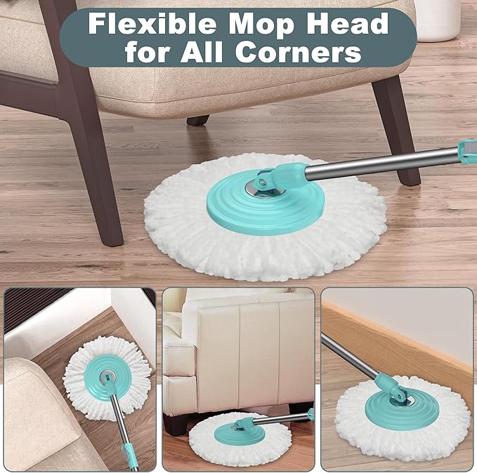 Spin Mop and Bucket System, Mop and Bucket with Wringer Set,Mops for Floor Cleaning,Household Supplies Tools with 6 Replacement Refills,61" Extended Handle for Household Hardwood Floor - Green