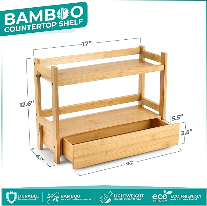 Sorbus Bamboo Bathroom Counter Organizer – 2-Tier Shelf with Hidden Drawer for Vanity, Matcha Station, Bathroom Sink Organizer Countertop, Kitchen & Office Storage (17″ L x 6.5″ W x 12.6″ H)