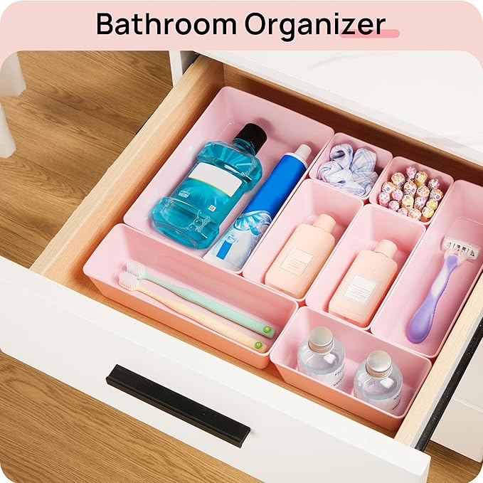 Vtopmart 44 PCS Plastic Drawer Organizers Set, 4-Size Versatile Bathroom and Vanity Organizer Trays, Non-Slip Storage Containers for Makeup, Jewelries, Bedroom，Kitchen Utensils and Office, Pink