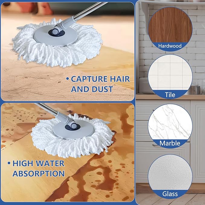 KZKR Spin Mop and Bucket with Wringer Set on Wheels, 180° Spinning Mop Bucket System with 6 Washable Microfiber Replacement Mop Pad Heads Refill, Adjustable Handle for Floor Cleaning Home