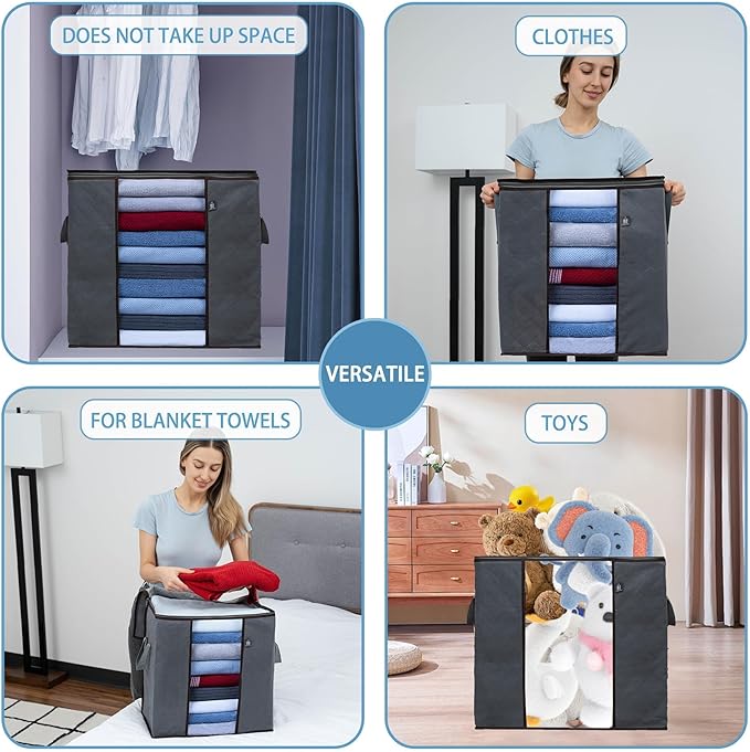 VENO 3 Pack Clothes Storage Bag Organizer with Reinforced Handle Thick Fabric for Comforters, Blankets, Bedding, Foldable with Sturdy Zipper, Clear Window, Reusable (Tall 16.3 Gallon)