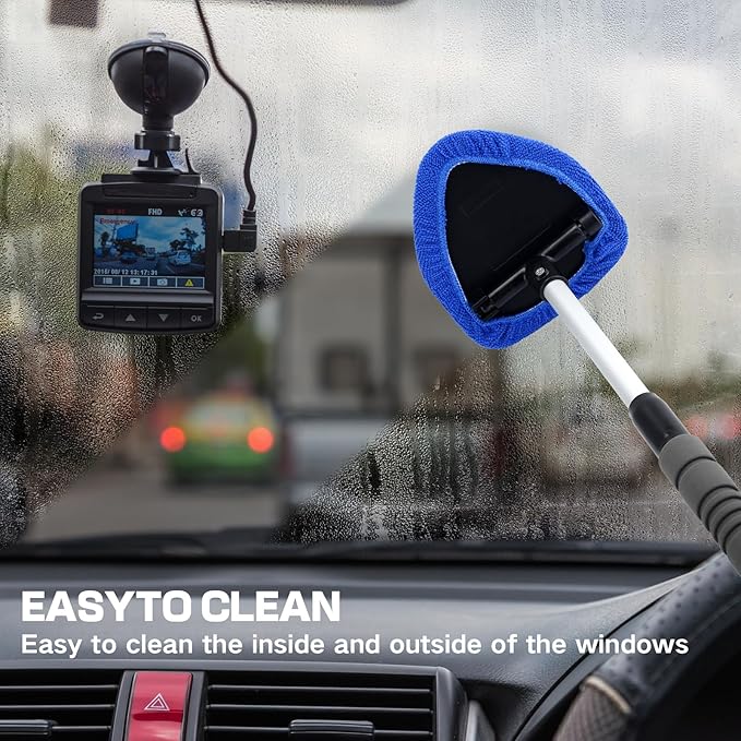 9PCS Windshield Cleaner Tool Kit,Car Window Cleaner with Extendable Handle&6 Reusable Microfiber Pads&Brush&Spray Bottle,Car Interior&Exterior Window Cleaning Tool,Glass Wiper Brush Kit for Car Home