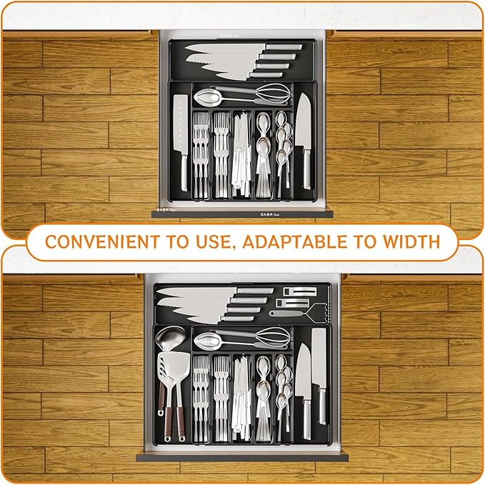 Black Expandable Silverware Drawer Organizer, Adjust From 11'' to 22'', Knife