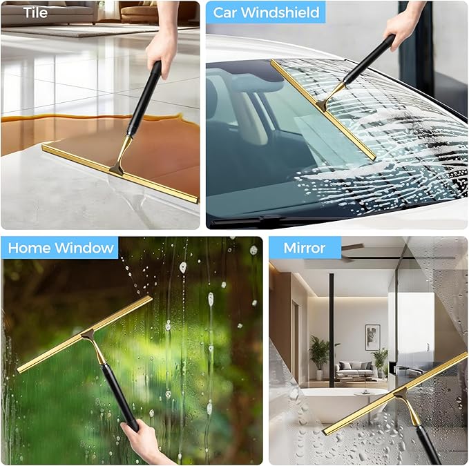 16.7“- 59.5" Long Handle Window Squeegee with Extension Pole, 12.4" Wide Metal Shower Squeegee for Glass Doors