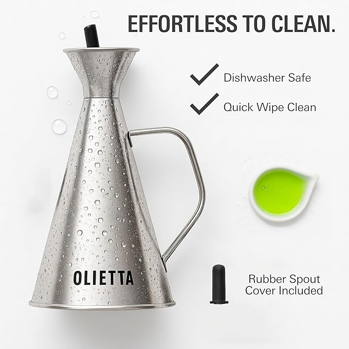 Olietta Olive Oil Dispenser Bottle Stainless Steel Non Drip Leak Proof No Mess Vinegar Pourer & Kitchen Drizzler 8.5 oz 250ML 0.25 Litre Great for Pouring & Drizzling Easy to Clean & Leakproof