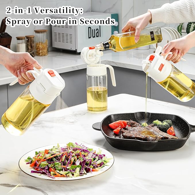 18oz/500ml High-Borosilicate Glass Oil Sprayer for Cooking, Olive Oil Dispenser Bottle,2 in 1 oil Dispenser with Portion Control for Salad, Frying, BBQ (WHITE)