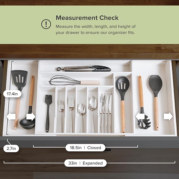 KitchenEdge Premium Silverware, Flatware and Utensil Organizer for Kitchen Drawers, Food-Safe Contract Grade, Expandable from 18 to 33 In, White Bamboo