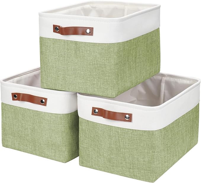 Storage Bins Large Fabric Storage Baskets for Shelves 3 Pack, Green&White