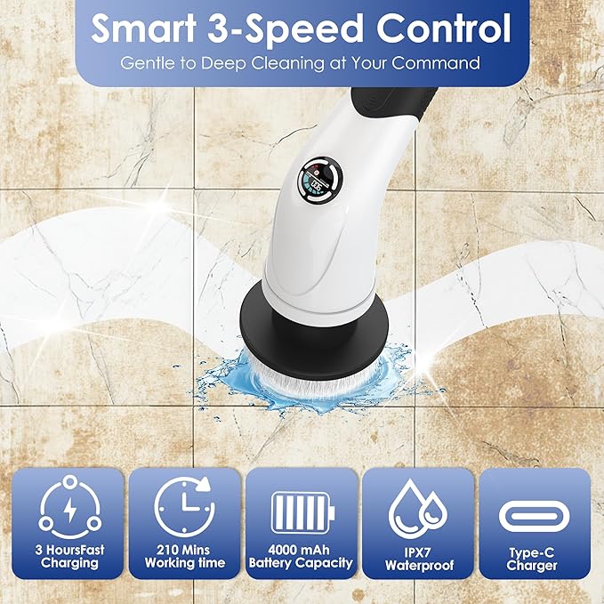 Cordless Electric Spin Scrubber, IPX7 Waterproof Rechargeable Power Cleaning Brush with 4000mAh Battery, 210min Runtime, 7 Brush Heads, 3 Adjustable Speeds, for Shower, Tub, Tile, Kitchen, Floor