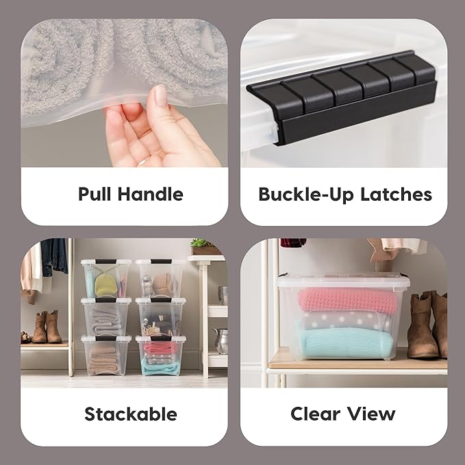 IRIS USA 19 QT Plastic Storage Box with Lid and Latches - 6 Pack - BPA-Free, See-Through Organizing Solution, Durable Nestable Stackable Containers, Secure Pull Handle - Clear