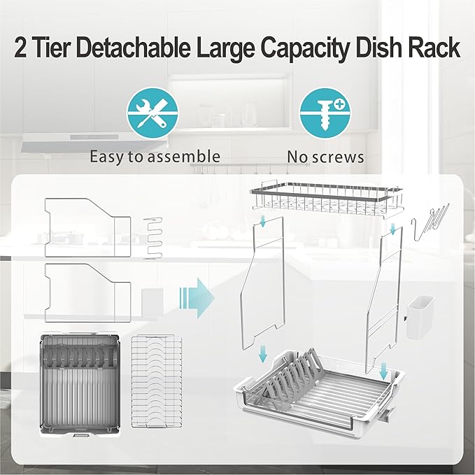 Rustproof Dish Drying Rack, 2 Tier Large Dish Rack,17.13"(L) x 13.2"(W) x 15.35"(H), Detachable Dish Drainer Organizer with Utensil Holder, Drainboard,White