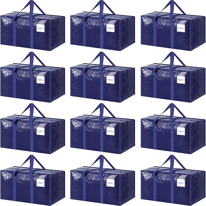 12 Pack Extra Heavy Duty Large Moving Bags with Strong Zipper & Comfortable Handles, Sturdy & Durable Clothes Storage Bags Totes Bins
