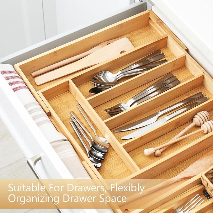 2 Pcs Bamboo Drawer Organizer with 3 Removable Dividers 17.5 x 4 x 2.5 Inch