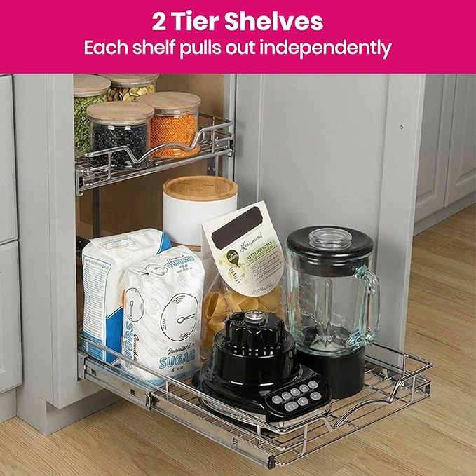 2-Tier Pull-Out Cabinet Organizer with Heavy-Duty Steel Frame, Full-Extension Sliding Shelves, Holds 100 lbs, Easy Install for Kitchen