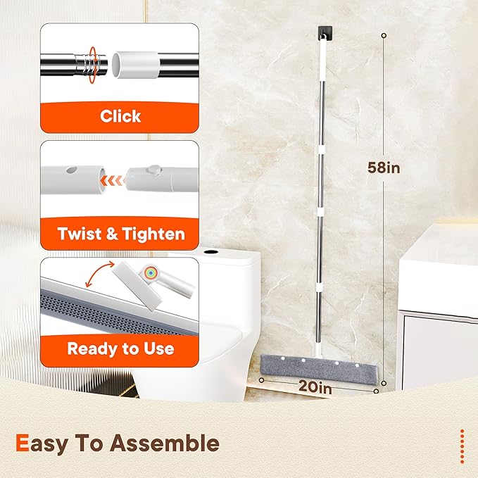 Floor Squeegee for Concrete Floors, 180° Rotating Silicone Broom, Squeegee for Floor with Long Handle and Dual-Sided Blade Design