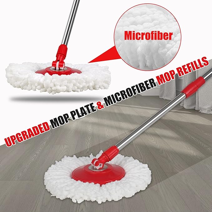 Spin Mop and Bucket, Microfiber Spin Mop & Bucket Floor Cleaning System, Spin Mop Kit with 3 Mop Heads, Mop with Stainless Steel Wringer, 61 inches Telescoping Mop Rod (Red)