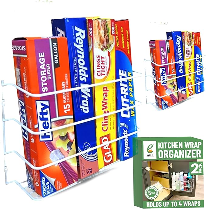 Kitchen Wrap Organizer, 2 Pack, Hold up to 4 Plastic, Foil, Plastic Coated Metal