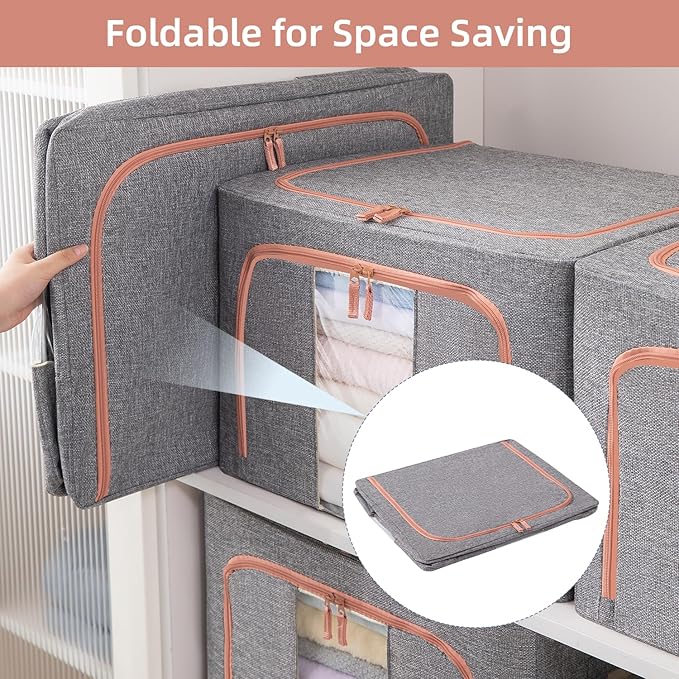 GuliPostan 3 Pack 66L Stackable Clothes Storage Bins with Metal Frame Handles & Zipper, Collapsible Closet Organizer Box with Lid for Bedding Blankets Towel (Grey)