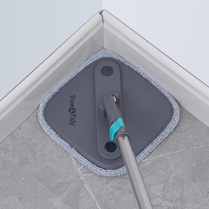 True & Tidy® SPIN-800 TrueClean Mop and Bucket System Upgraded Version w/Side Brush & Self-Standing Handle, Self Wringing Spin Mop w/Separate Compartments for Clean and Dirty Water