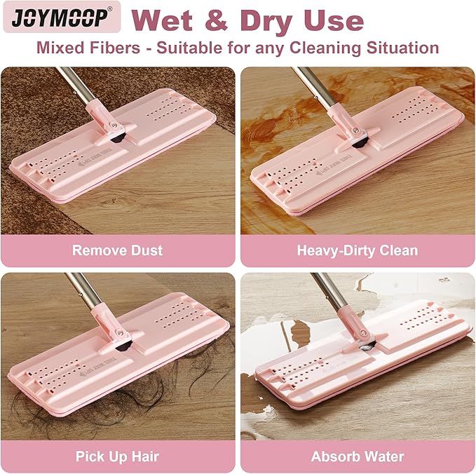 JOYMOOP Flat Mop, Microfiber Mops for Floor Cleaning, 60" Long Handle with Flexible 13" Flat Head, Pink