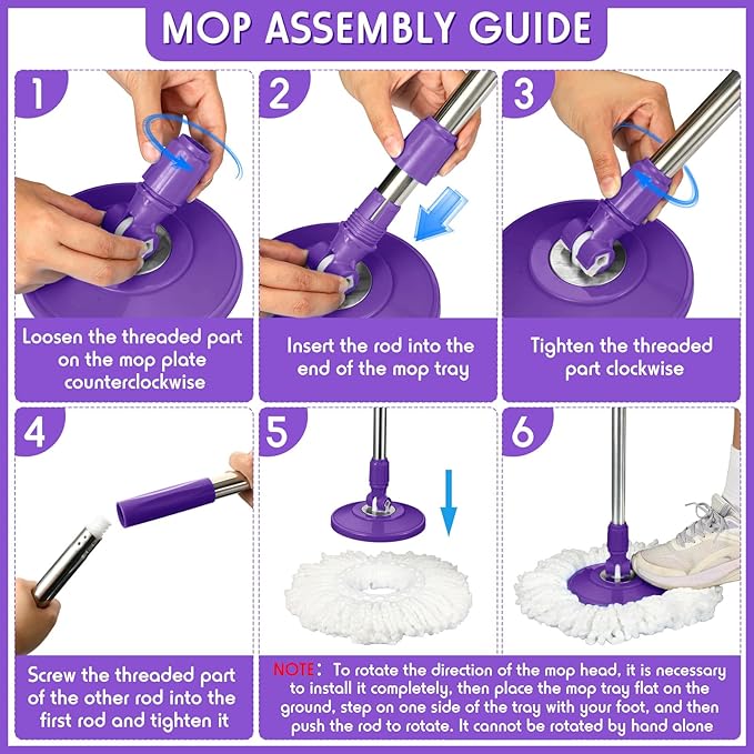 Spin Mop Replacement Handle 360 Degree Spin Mop Pole Handle Replacement Rotating Telescopic Stick for Head Replace Spinning Household Cleaning Accessories for Home(Purple)