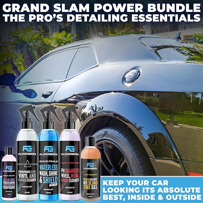 Grand Slam 5-Pack - Waterless Car Wash Detailing Spray, Tire Shine Gel, Scratch Remover, Wheel Metal Rust Cleaner, Interior Cleaner & Protector