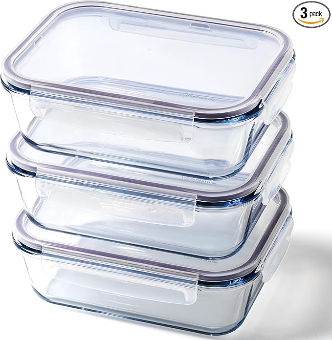 Large Glass Food Storage Containers with Lids | 3 Pack Set 52oz/6.4 cup