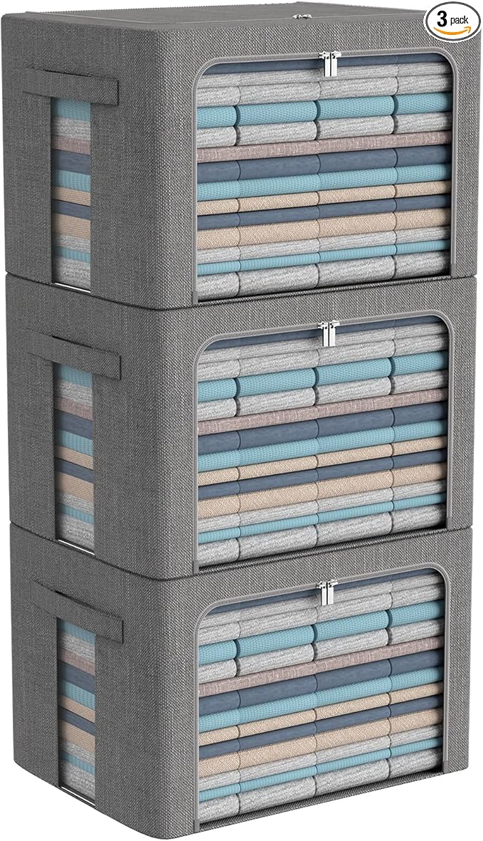 CYhom 3Pack Foldable Storage Bins - Frame Storage Box Linen Fabric Stackable Clothes Container Organizer with Clear Window & Carry Handles Large Capacity (Large-66L, Dark Gray)