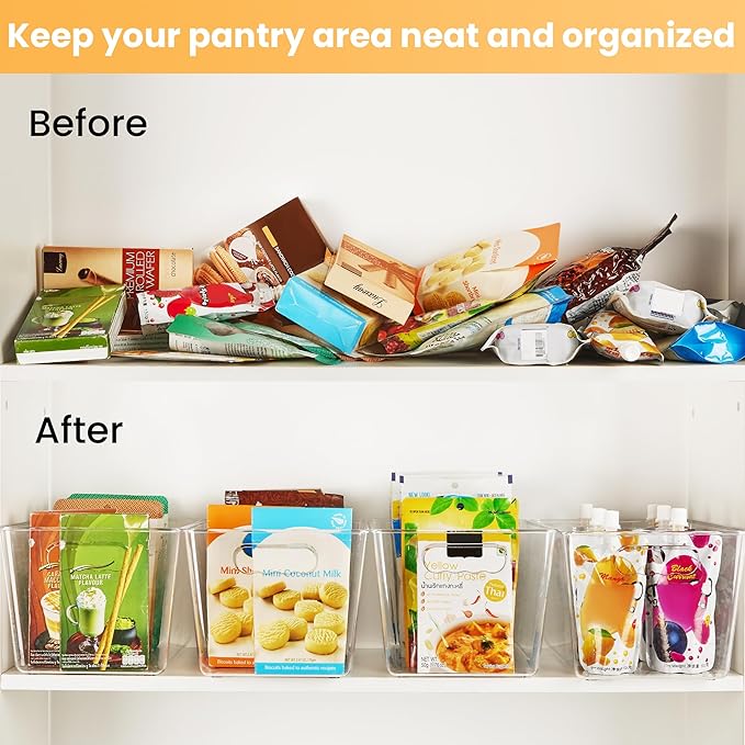 6 Pack Clear Pantry Organizer Bins, Plastic Containers with Handle for Kitchen