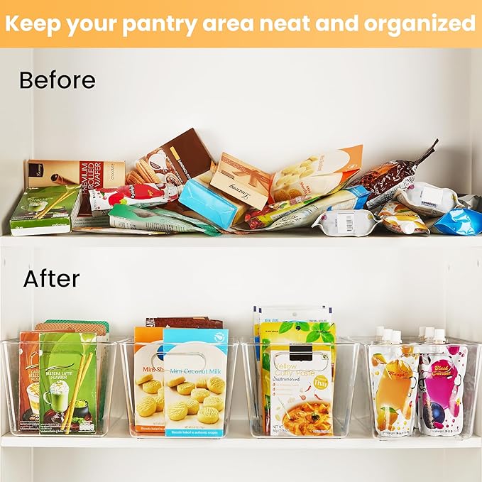 12 Pack Clear Pantry Organizer Bins, Plastic Containers with Handle for Kitchen