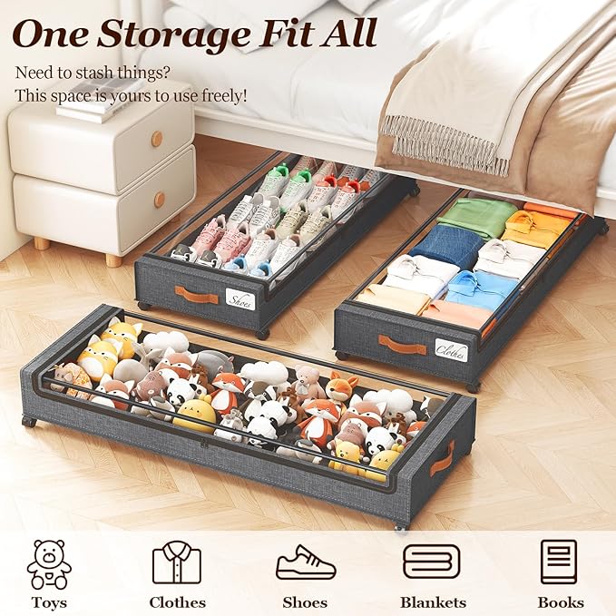Under Bed Storage with Wheels 2 Pack, Hemp Grey