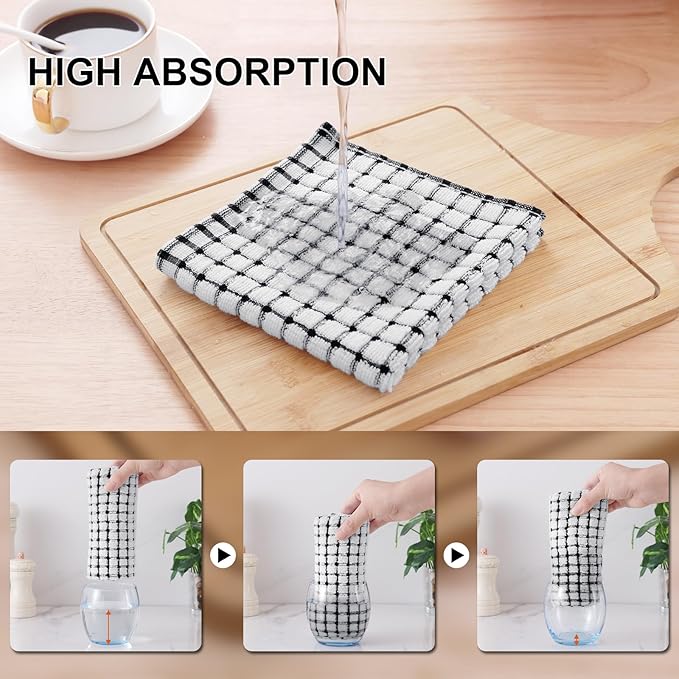 Kitinjoy Cotton 24 Pack Terry Kitchen Dish Cloths, 12 x 12 Inches Super Soft and Absorbent Dish Rags, Quick Drying Dish Towels for Washing Dishes, Black