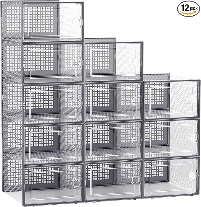 Kuject Large Shoe Organizers Storage Boxes for Closet, 12 Pack Clear Plastic Stackable Storage Bins with Lids, Under Bed Shoe Containers for Entryway, Drop Front, Fit up to Women's Size 10,Dark Gray