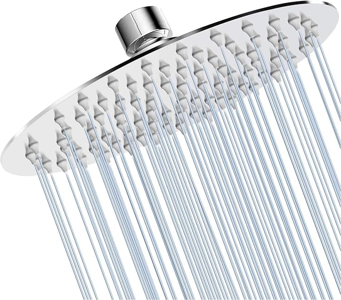 GGStudy Round 6 Inch Stainless Steel Shower Head High Pressure Rainall Shower Head Chrome Ultra Thin Design-Best Pressure Boosting with Silicone Nozzle Easy to Install