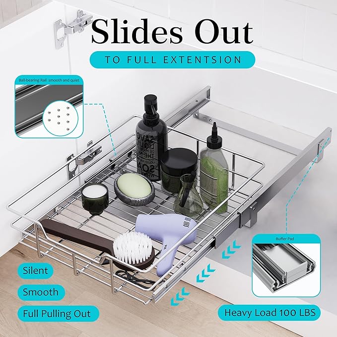 Pull Out Cabinet Organizer 17" W X 17" D, Slide Out Drawers For Kitchen Organizers and Storage, Pull Out Drawers For Cabinets Capacity Heavy Duty Caddy, Cabinet Shelves Chrome-Plated, Bathroom Pantry